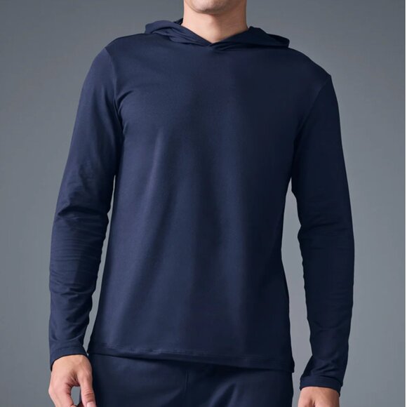 NEW Alo Yoga Men Conquer Reform Long Sleeve With Hood in Navy Blue size L Large - Picture 1 of 4